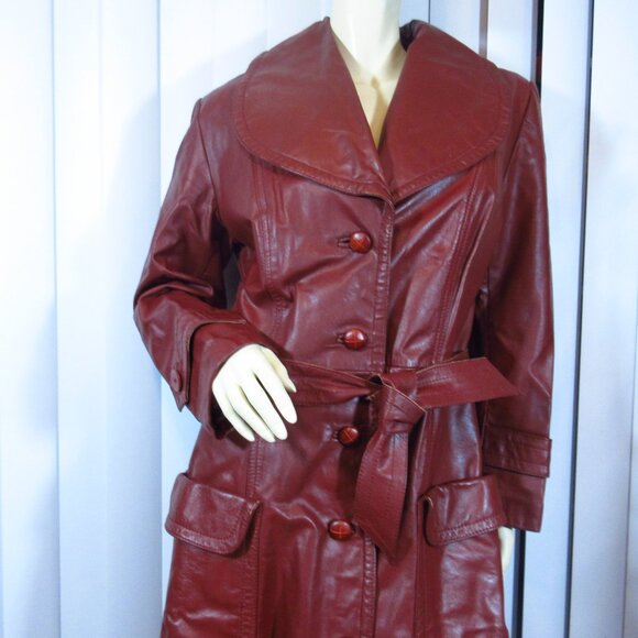 Vintage Genuine Leather Jacket Trench Coat S/Small Made in Korea Dark Red Maroon - Picture 3 of 16